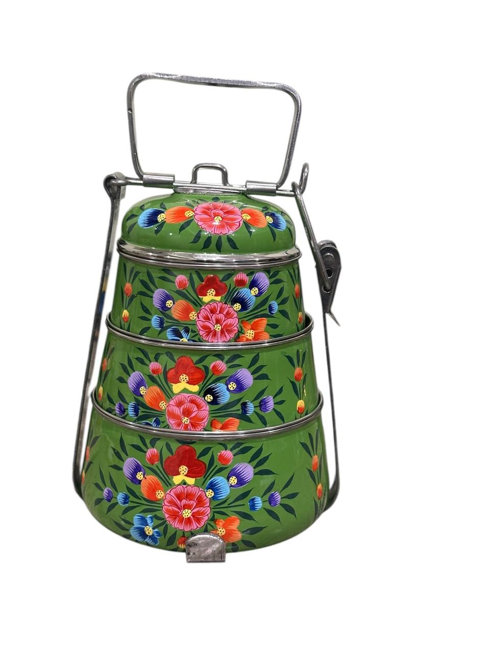Hand Painted lunch box, stainless steel lunch box, hand painted tiffin box, floral design lunch box, Indian tiffin box, 3 tier pot belly box
